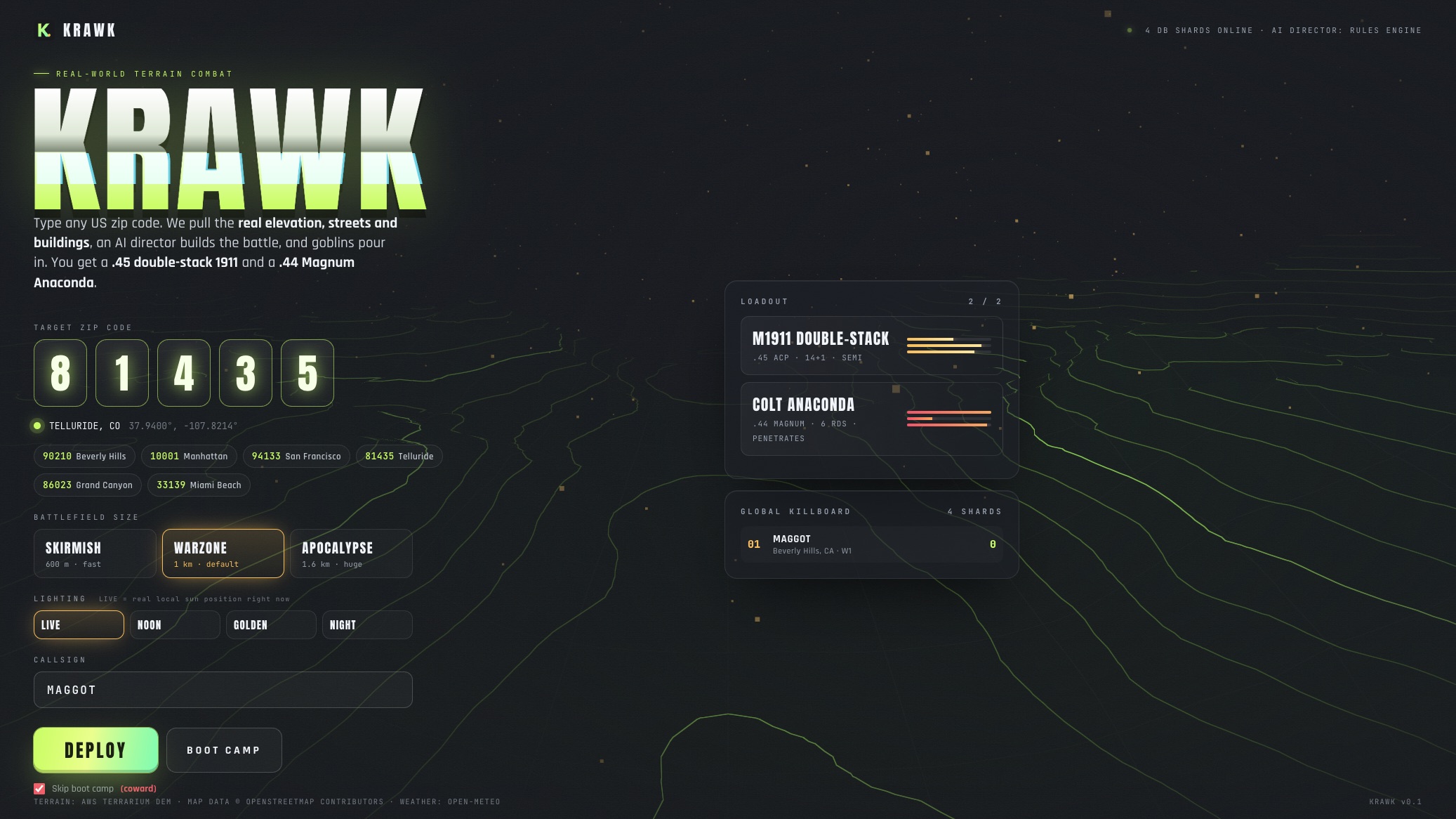 Main menu with zip code entry
